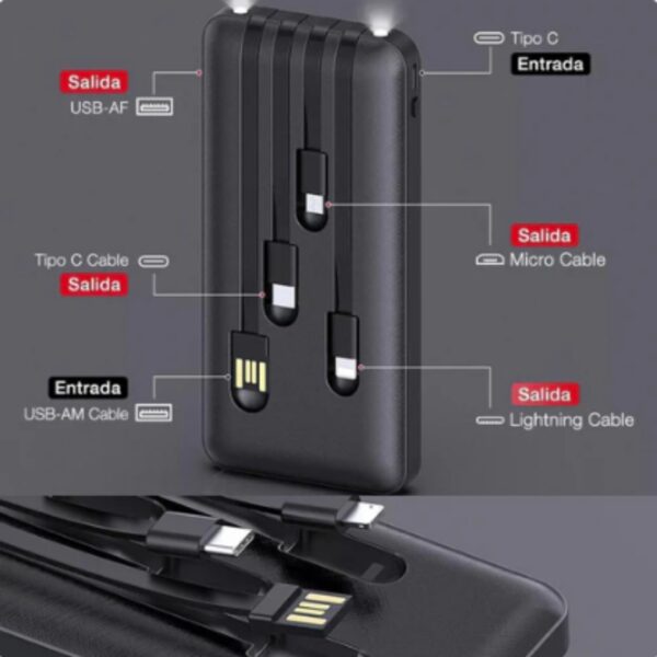 BATERIA PORTATIL 10000mAh 10.5W CON CABLES - Imagen 2