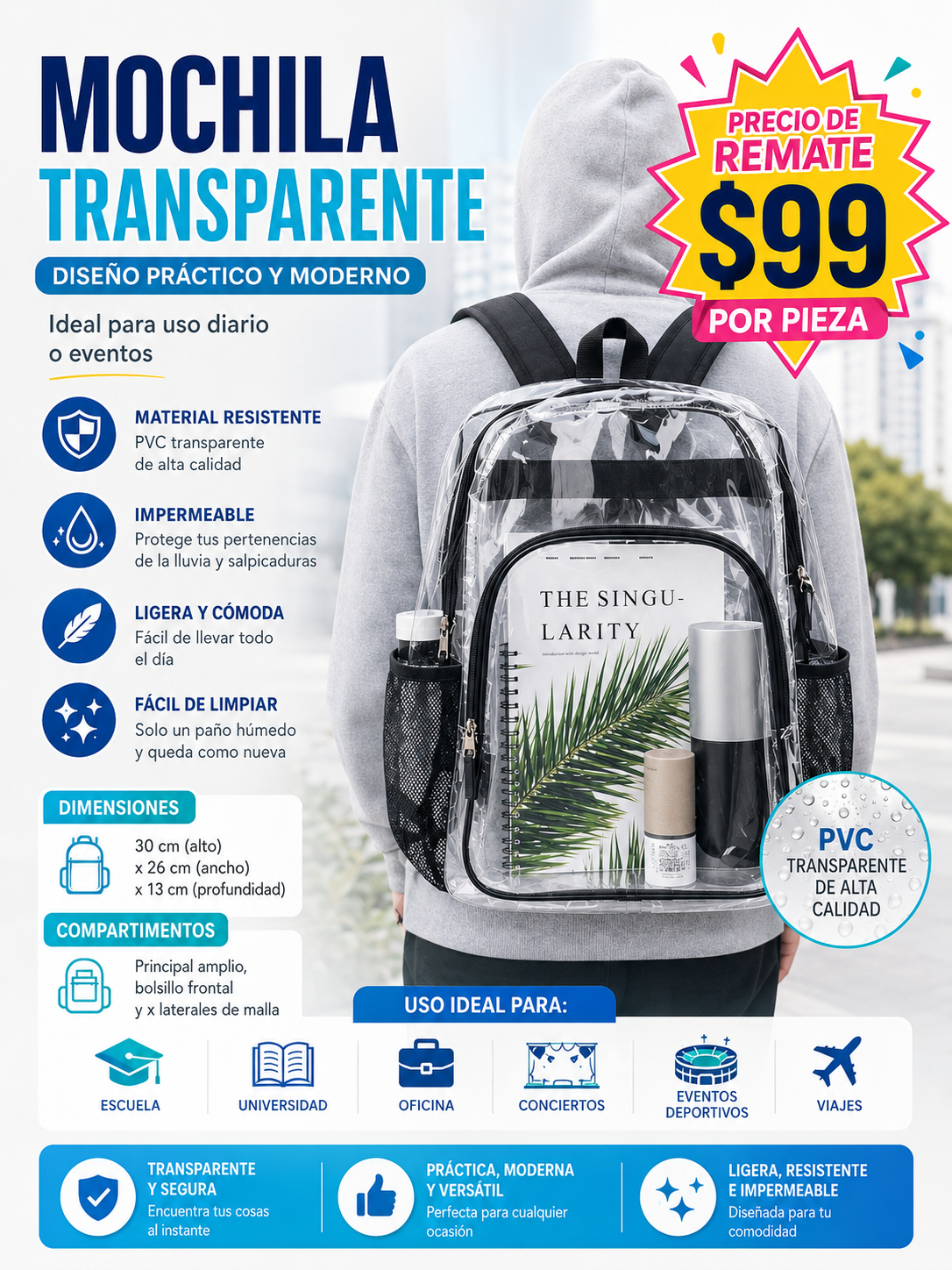 MOCHILA JUVENIL TRANSPARENTE REMATE