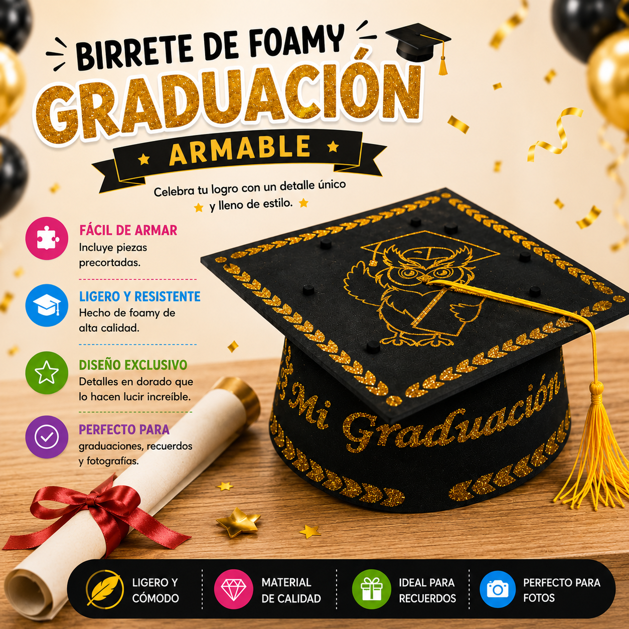 BIRRETE GRADUACIÓN FOAMY ARMABLE