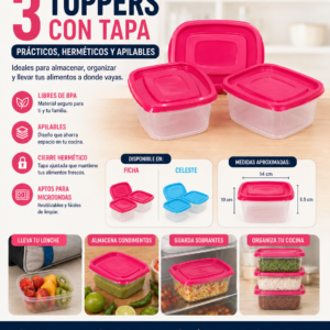 SET 3 TOPPERS HERMETICOS ROSAS / CELESTES