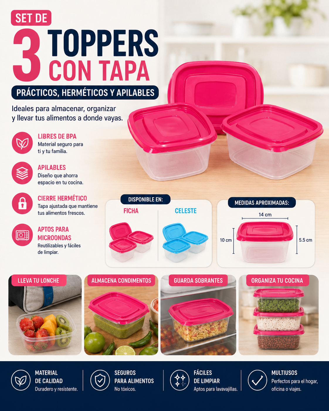 SET 3 TOPPERS HERMETICOS ROSAS / CELESTES