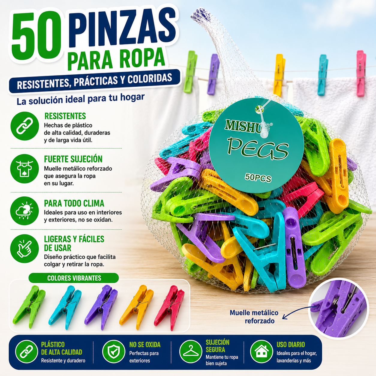 BOLSA DE 50 PINZAS PARA ROPA MULTICOLOR