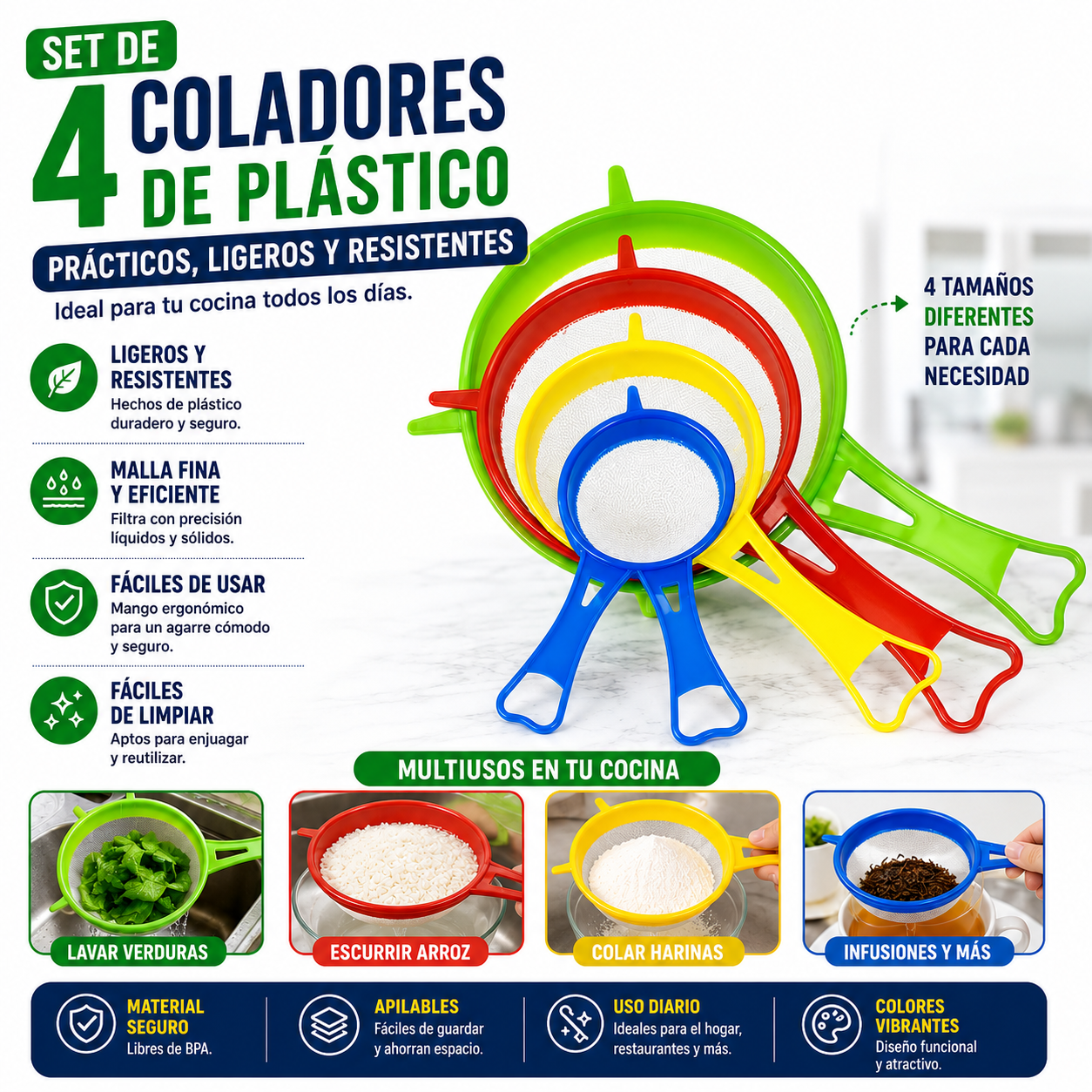SET DE 4 COLADORES DE PLÁSTICO