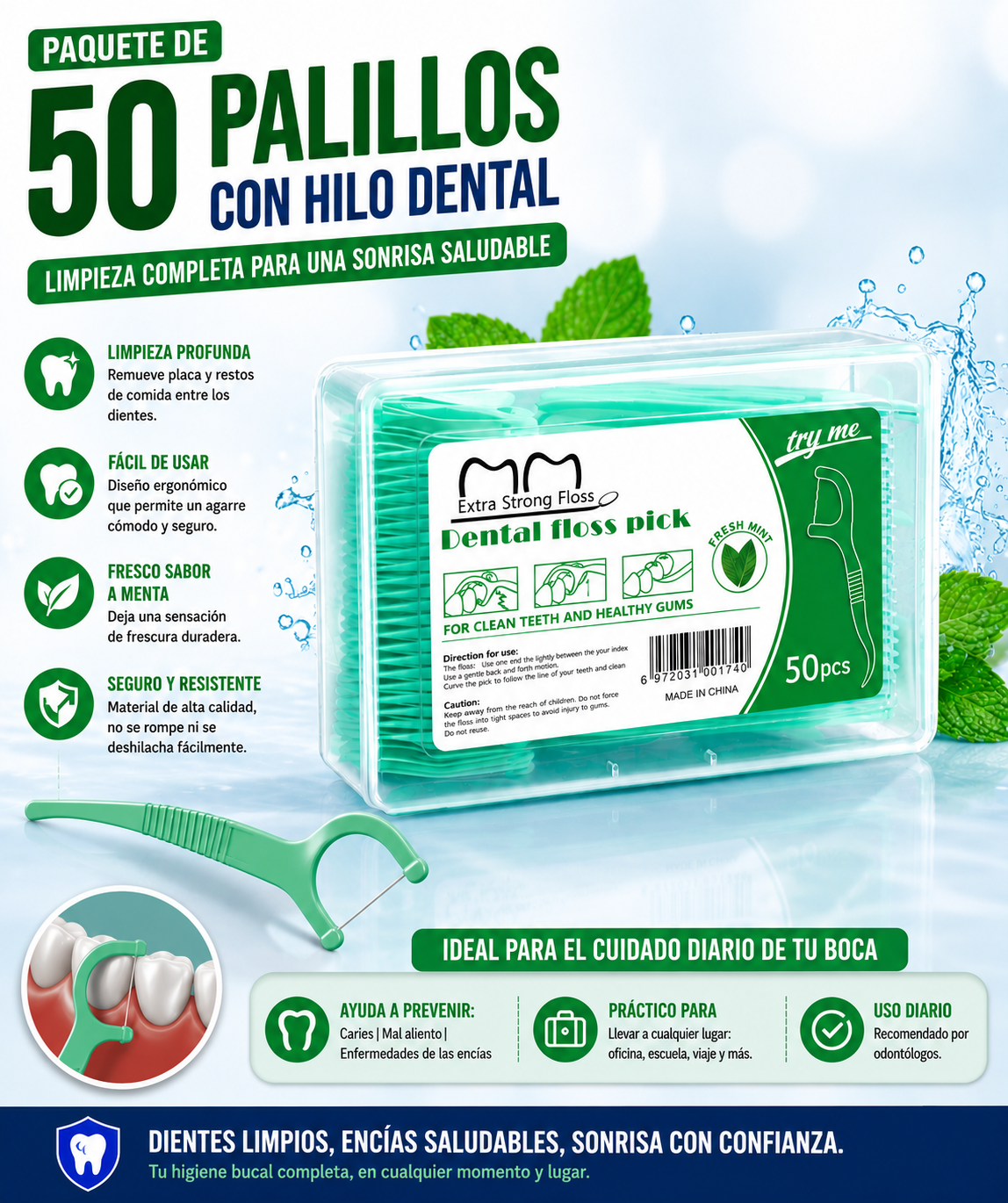 PALILLOS DENTALES CON HILO SABOR MENTA