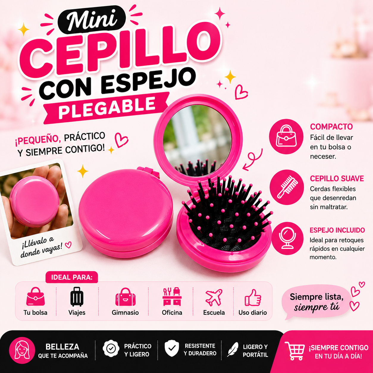 Mini Cepillo Con Espejo Plegable