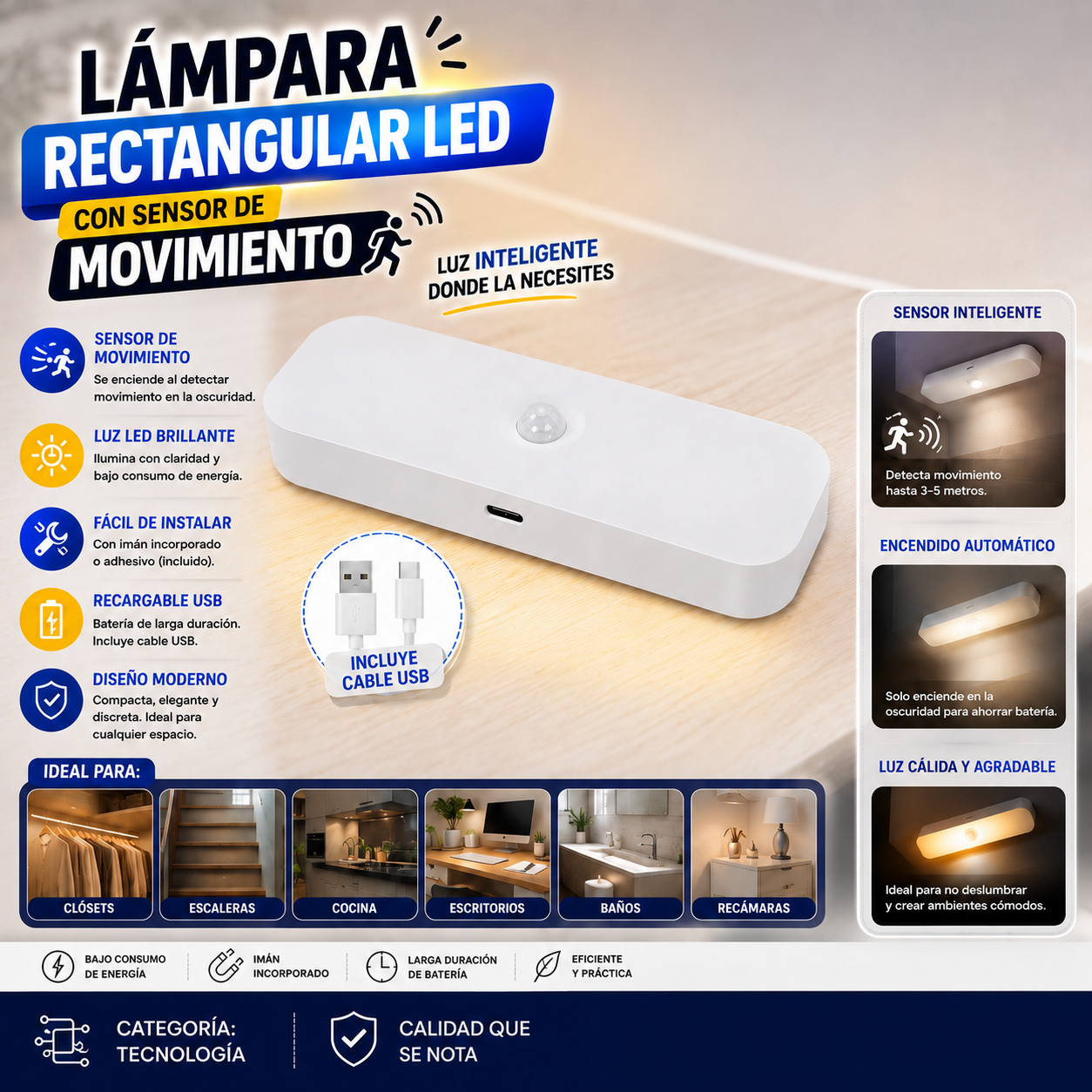 Lampara Rectangular Con Sensor De Movimiento