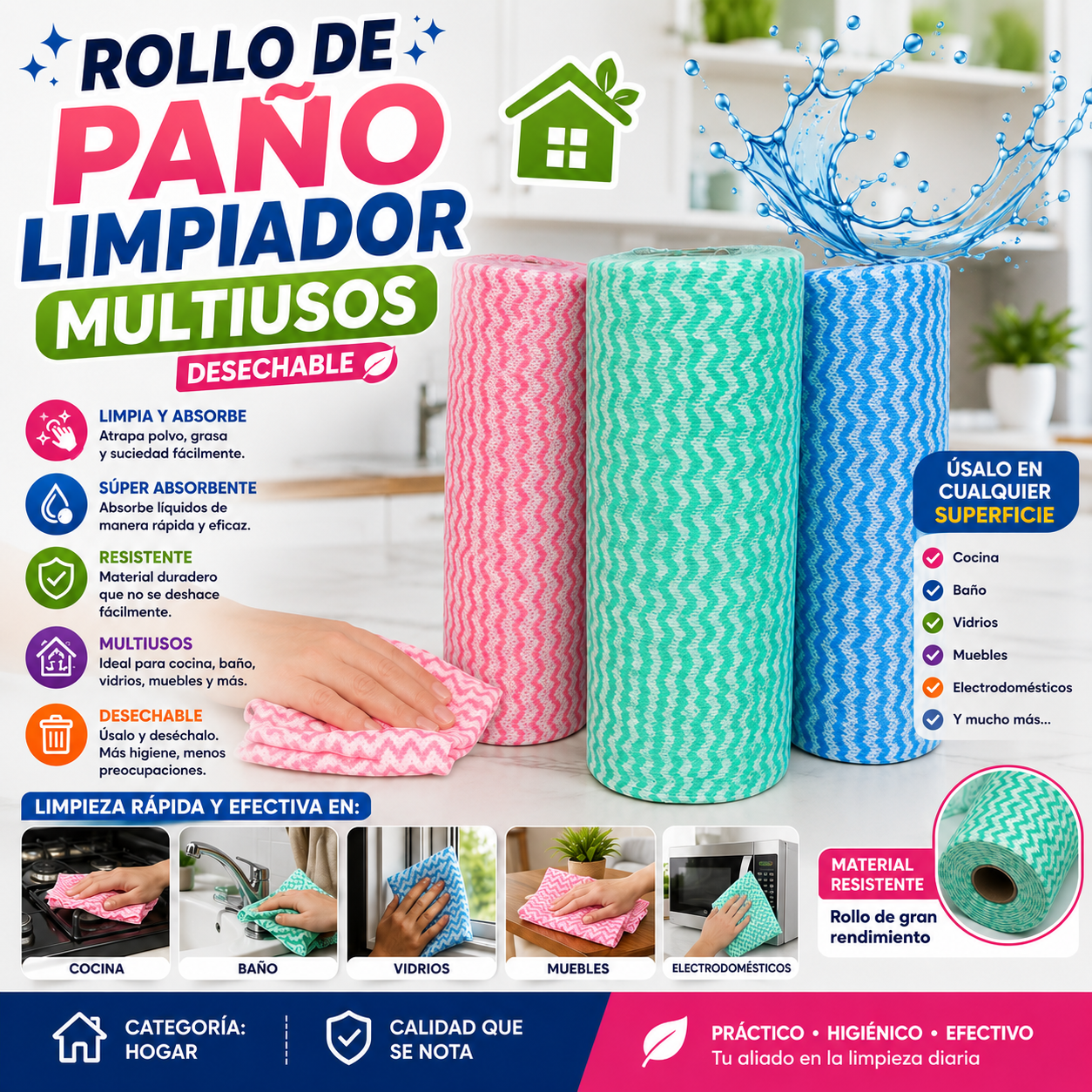 Rollo De Paño Limpiador Multiusos Desechable