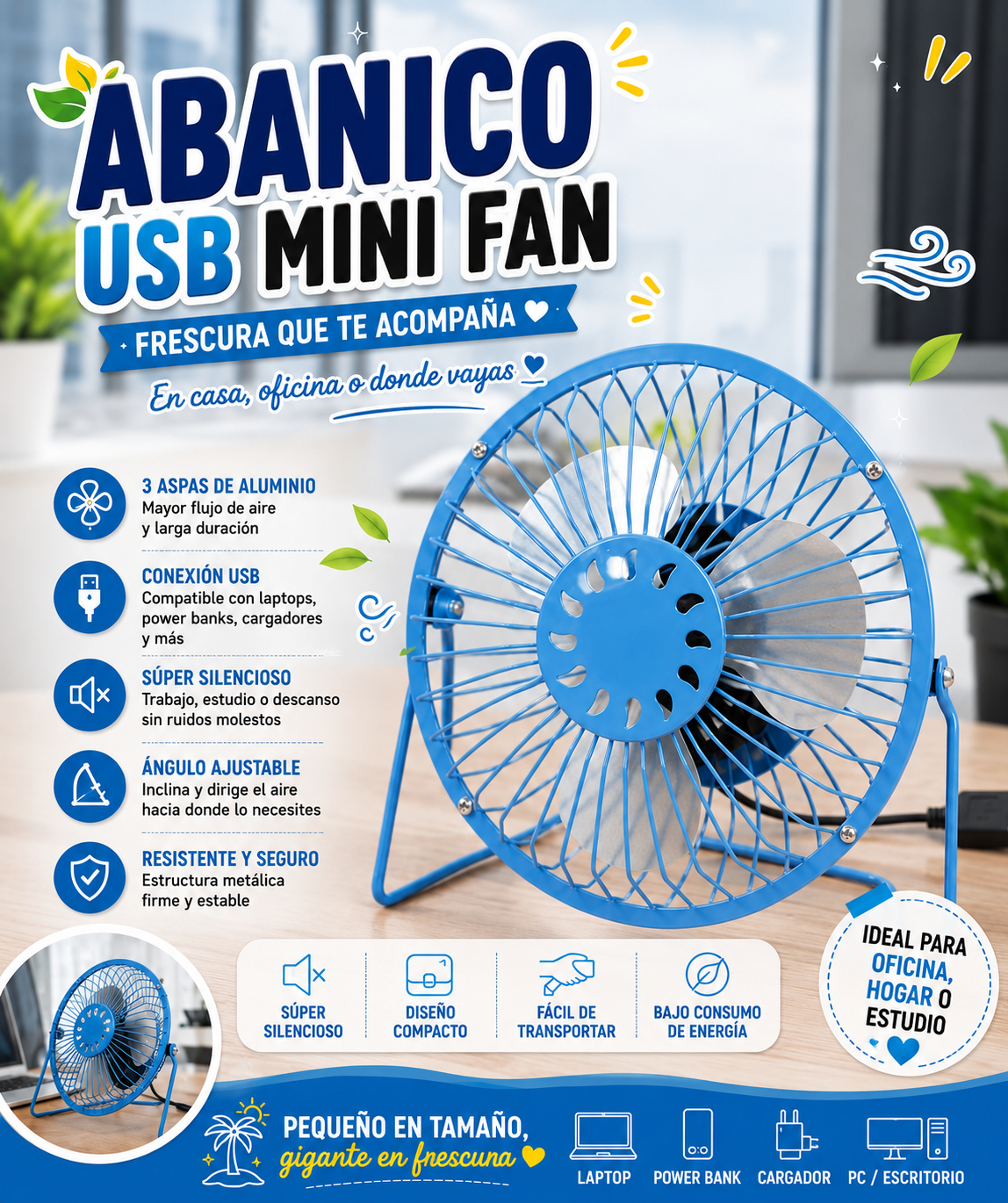 🌬️ Abanico USB Mini Fan | Frescura donde la necesites 🌬️