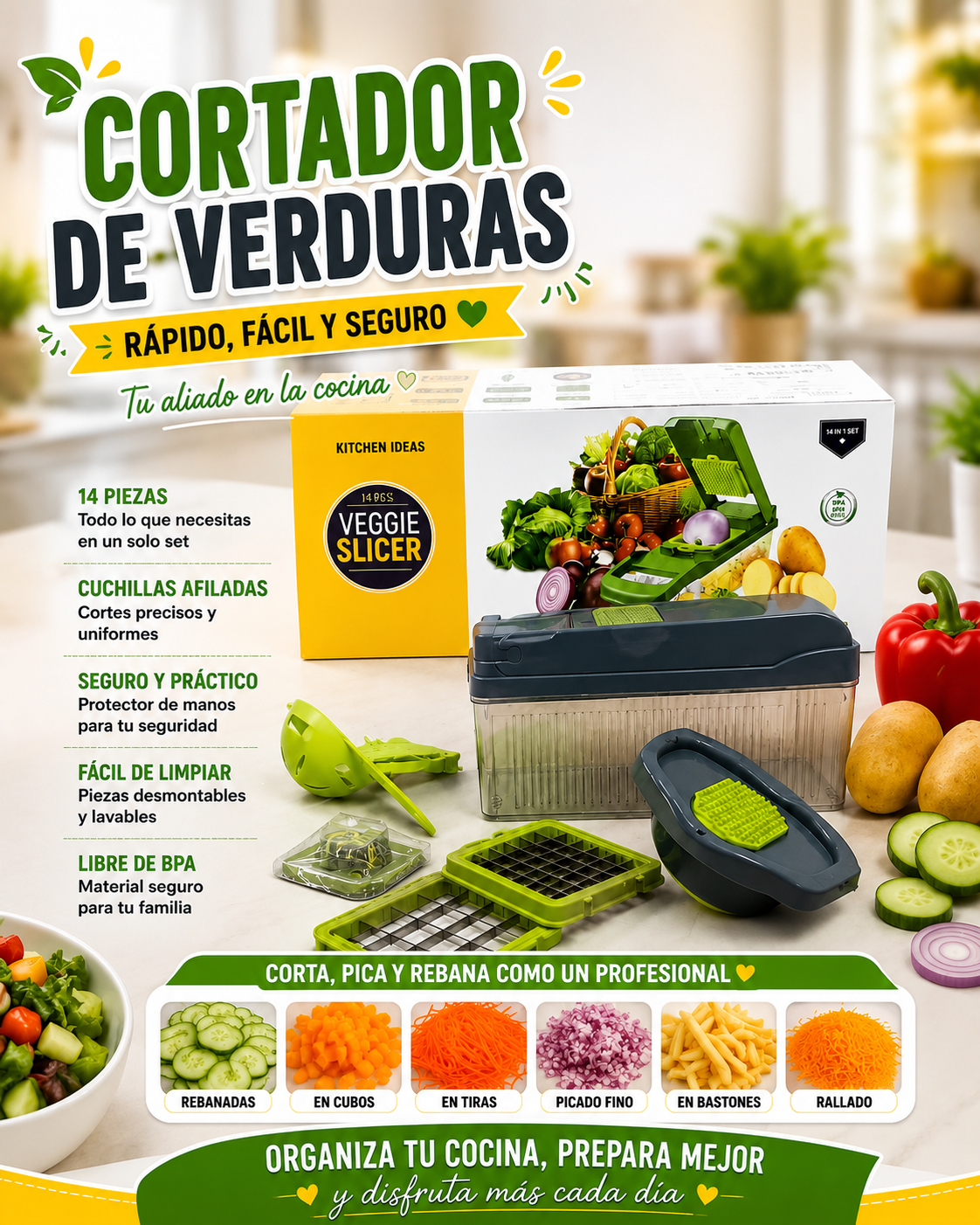 🥒 Cortador de Verduras Multifuncional 14 Piezas | Rapidez y Precisión en tu Cocina 🥒