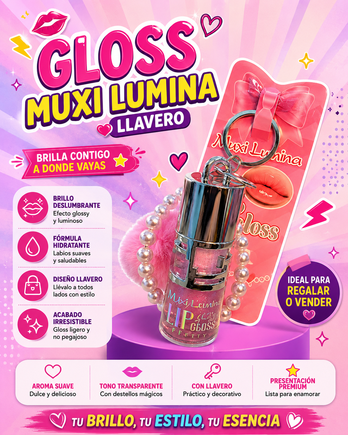 💖 💋Gloss Muxi Lumina con Llavero | Brillo e Hidratación Siempre Contigo 💋💖