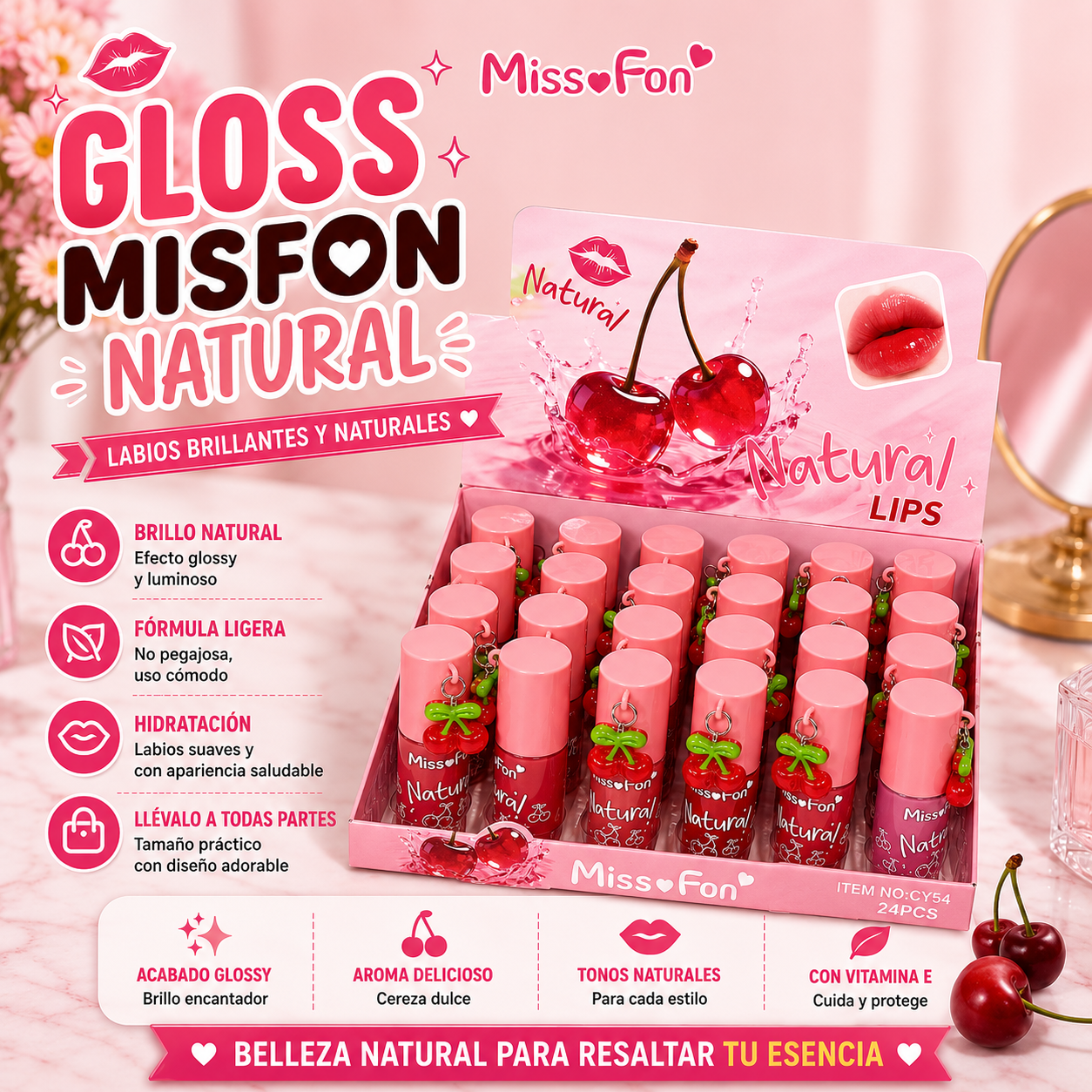 💖 Gloss Miss Fon Natural | Brillo, Hidratación y Color Natural 💖