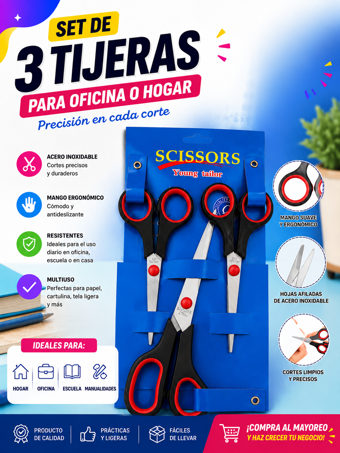 ✂️ Set de 3 Tijeras para Oficina y Hogar | Precisión y Versatilidad ✂️