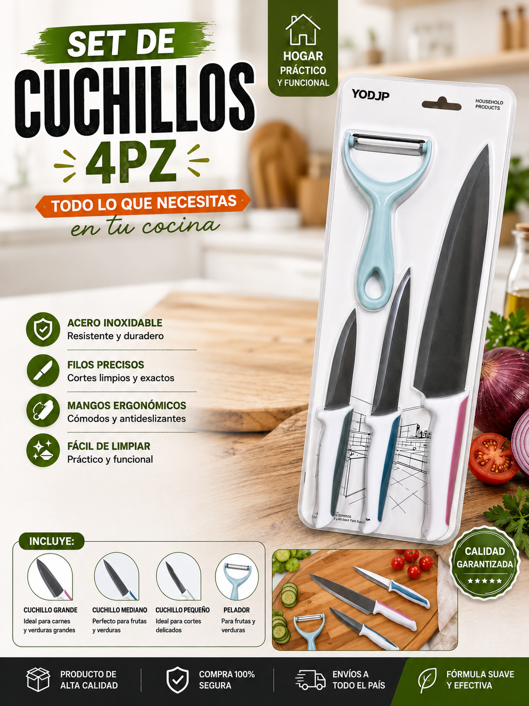 🔪 Set de Cuchillos 4 Piezas | Práctico, Resistente y Funcional 🔪