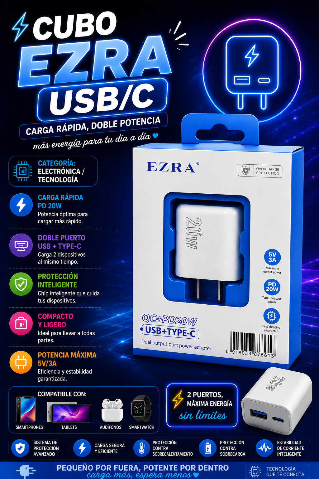 ⚡ Cubo Cargador EZRA USB + Tipo C 20W ⚡