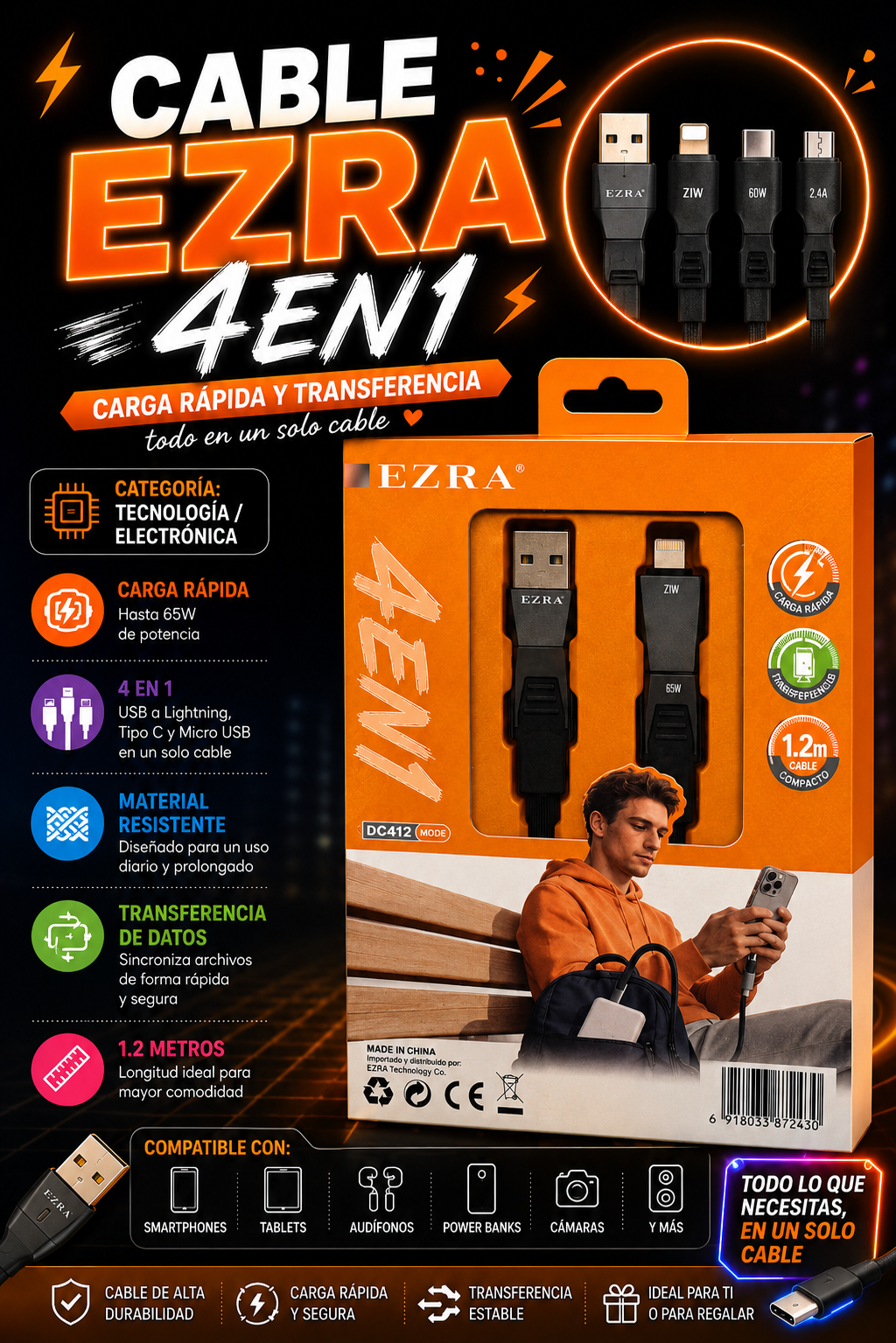 ⚡ Cable EZRA 4 en 1 | Carga Rápida y Transferencia de Datos ⚡