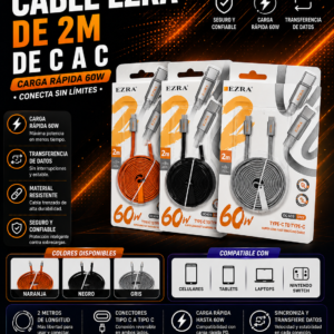 🔌 Cable EZRA C a C 2 Metros | Carga Rápida 60W 🔌