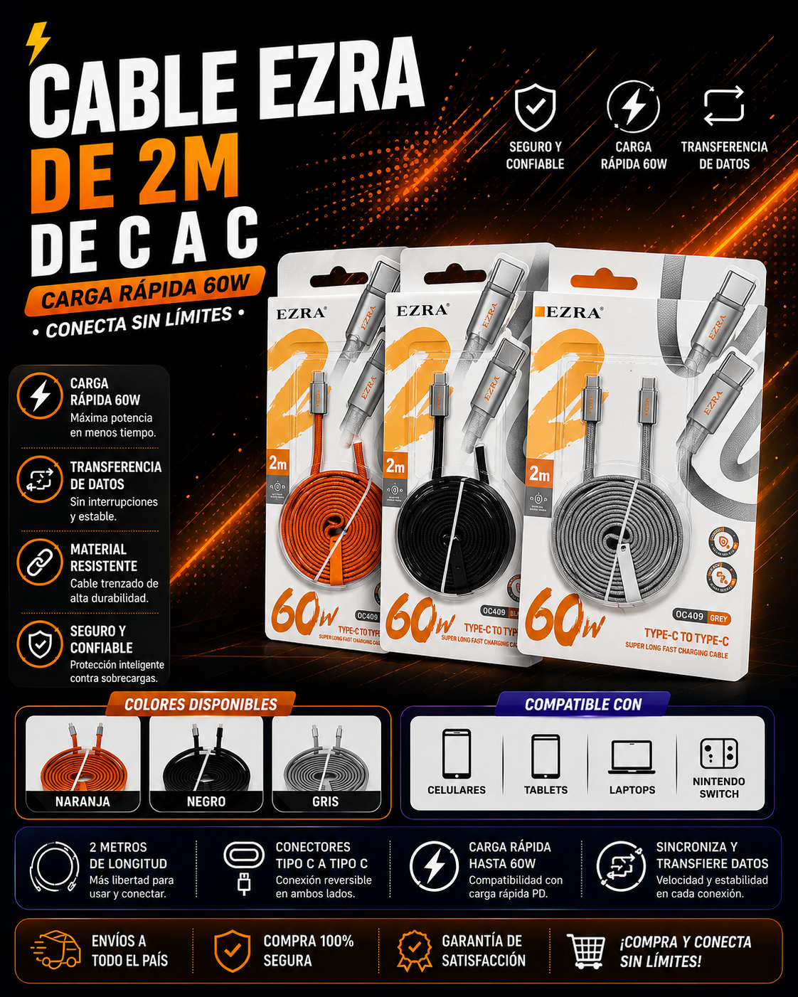🔌 Cable EZRA C a C 2 Metros | Carga Rápida 60W 🔌