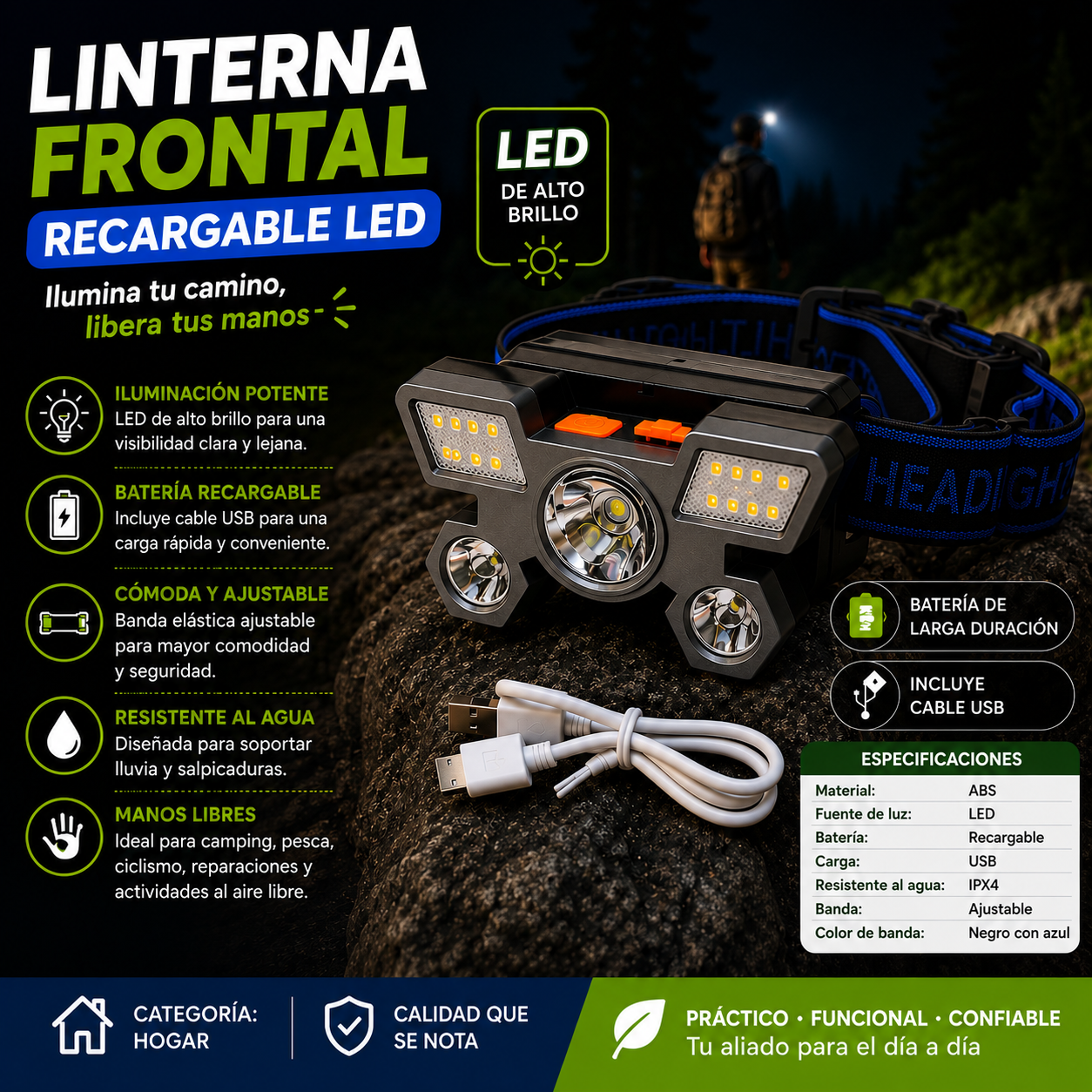 Linterna Frontal Recargable LED