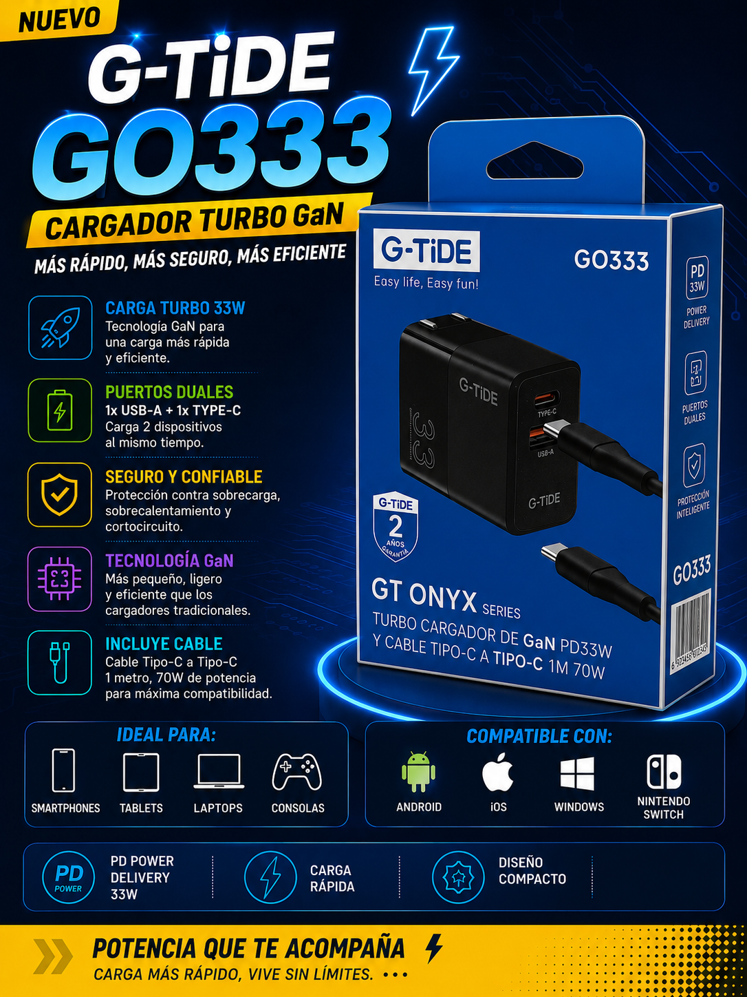 ⚡ Cargador Turbo G-TiDE GO333 GaN PD 33W | Potencia, velocidad y seguridad ⚡