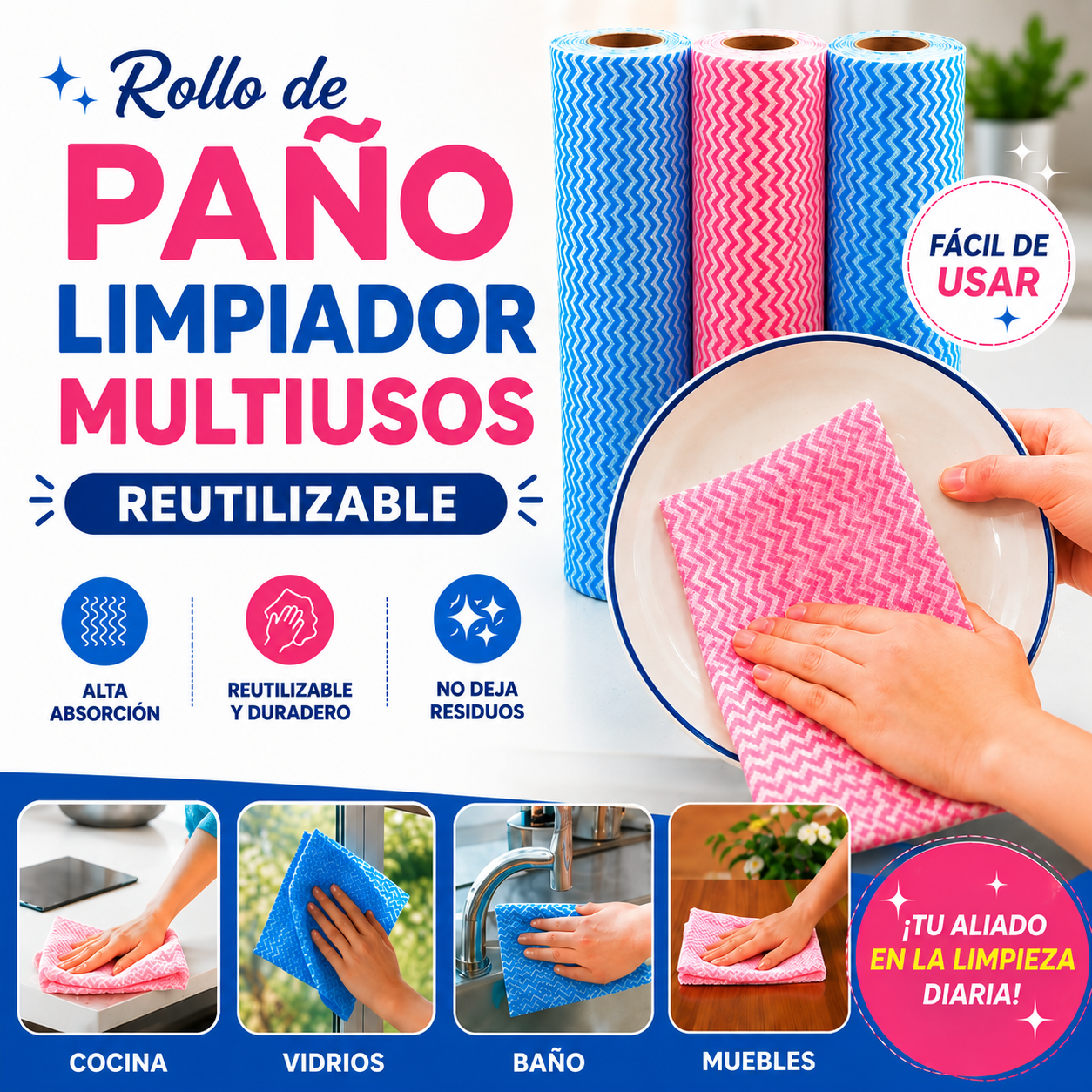 Rollo De Paño Limpiador Multiusos Reutilizable