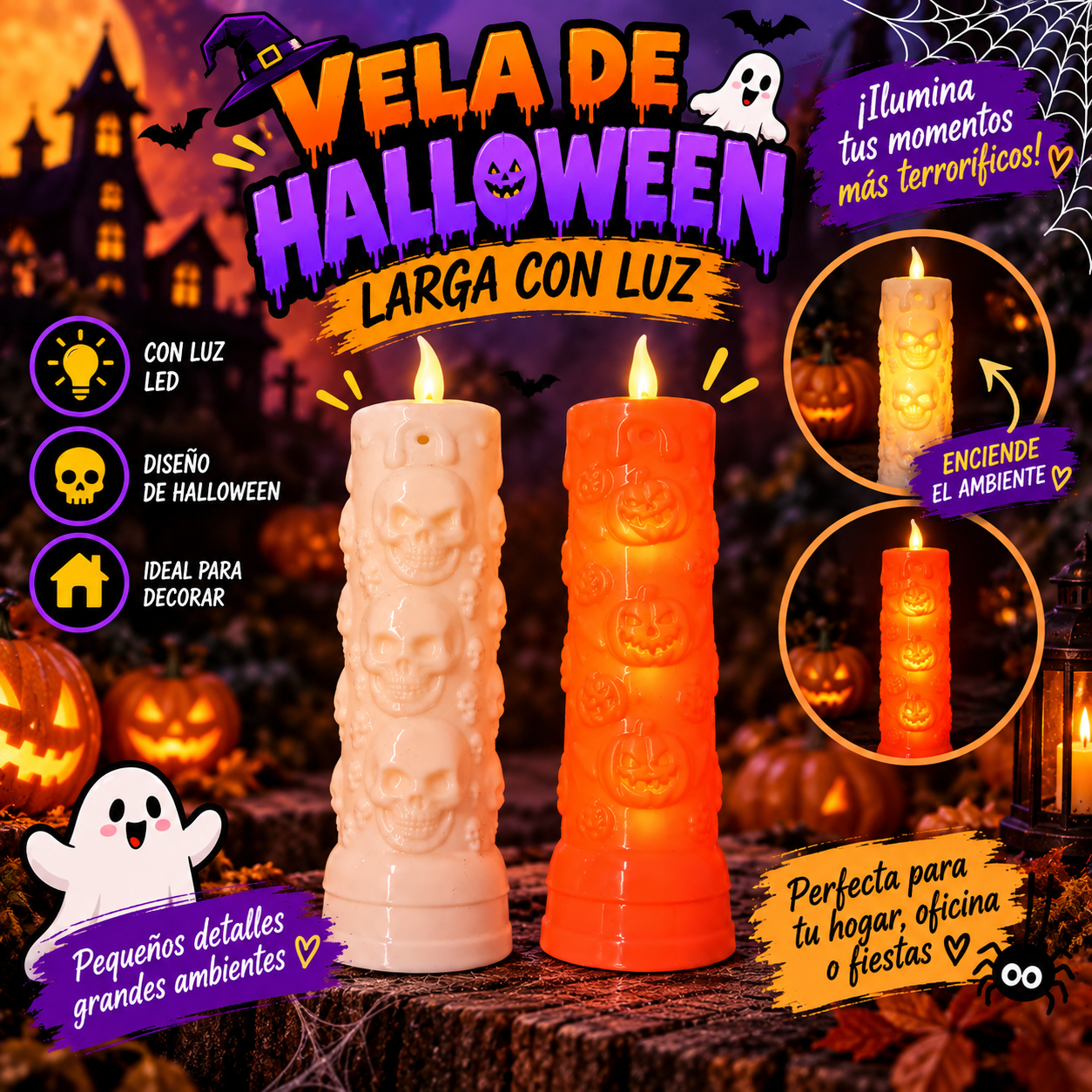 Vela De Halloween Larga Con Luz