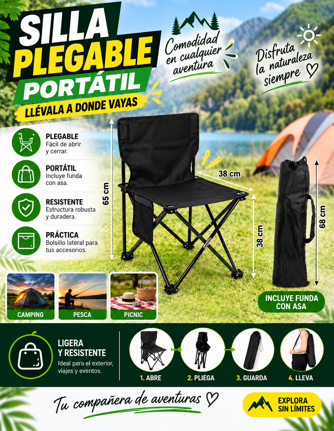 Silla plegable portátil con funda