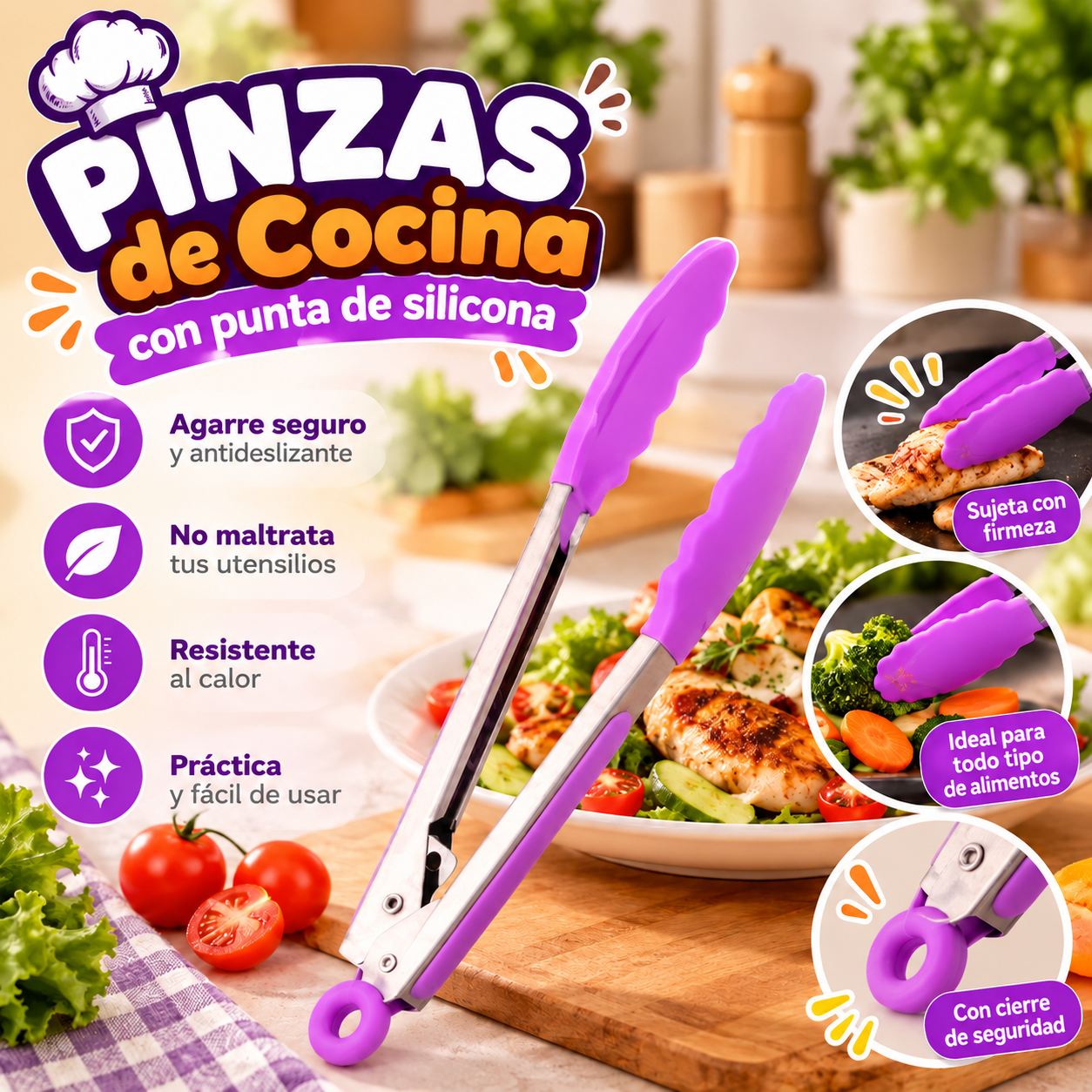 Pinzas de Cocina con Punta de Silicona Morada