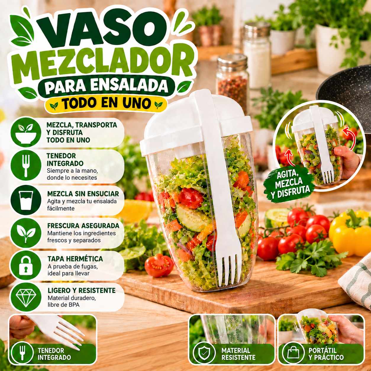Vaso Mezclador para Ensalada con Tenedor Integrado